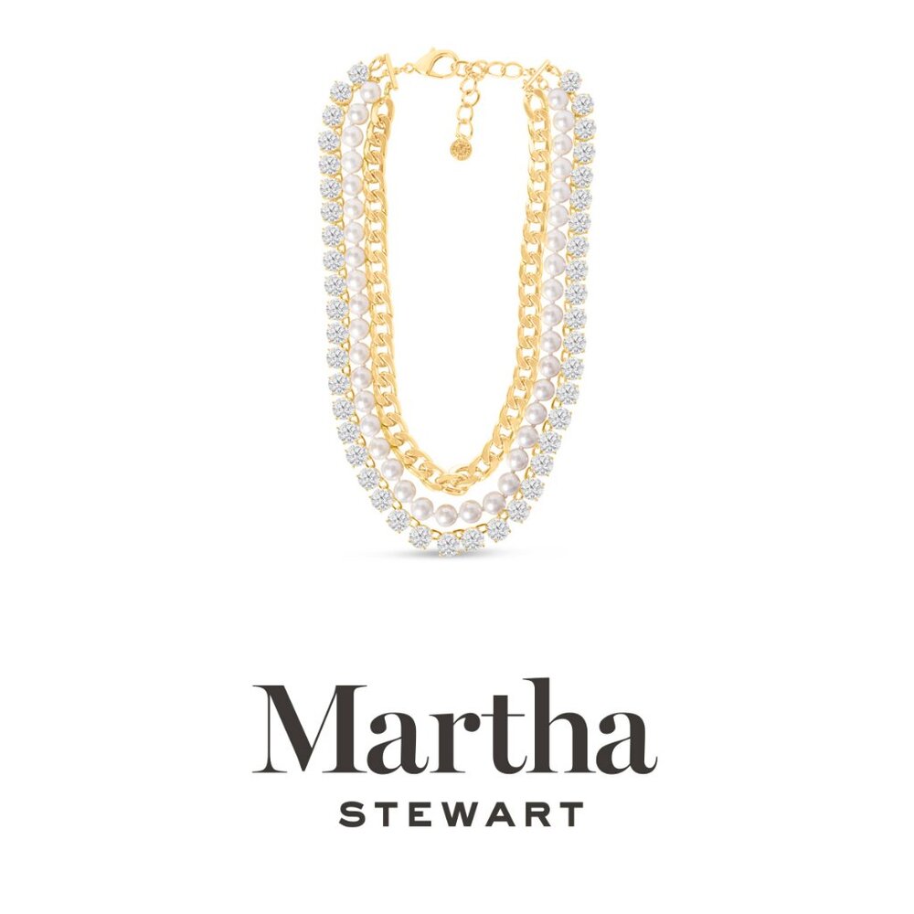 Martha Stewart Three Strand Pearl, Crystal and Chain Necklace In Gold